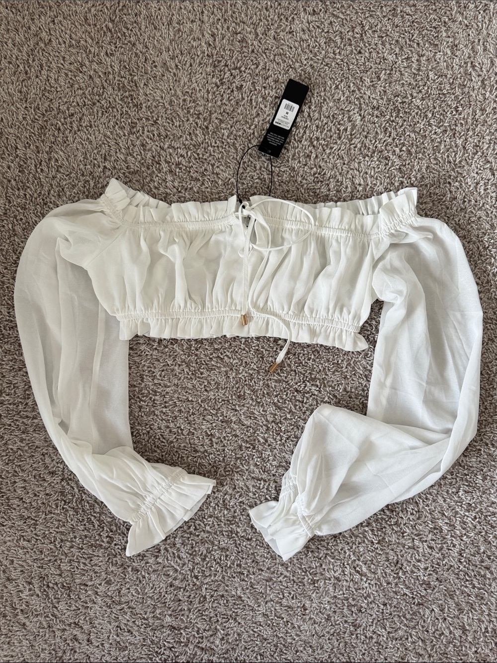 Fashion Nova White Off-Shoulder Ruffle Long Sleeve Crop Top